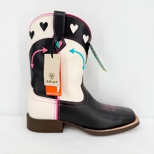 Ariat Girls Round Up Hearts Western Boots Black White Leather Size 3 NWOB